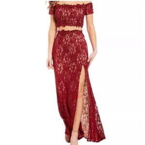 Sequin Hearts Red Lace Two-Piece Off-Shoulder Prom Dress